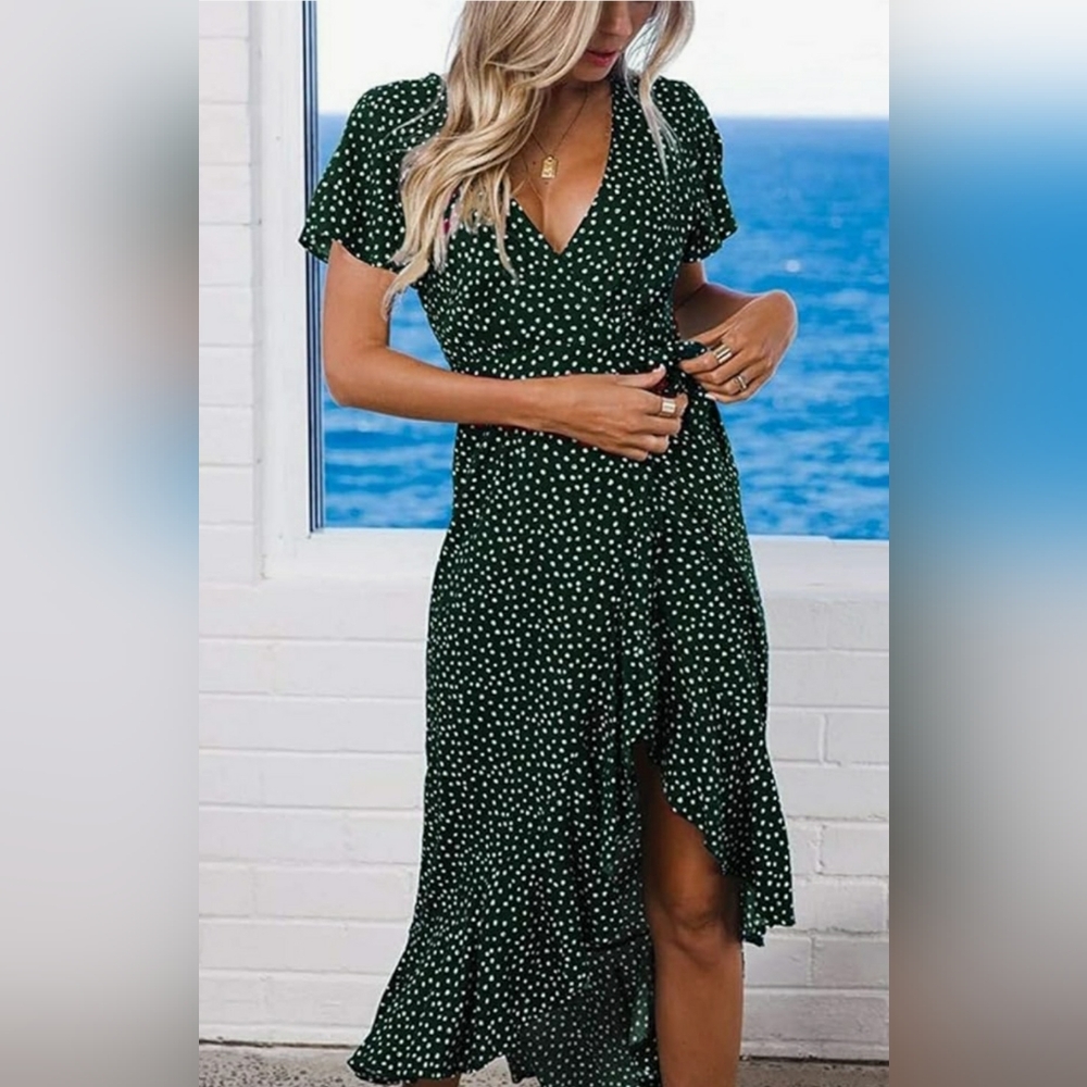 NWT Zesica Brand Elegant Green Polka Dot Wrap Midi Dress Size XL - Picture 3 of 8